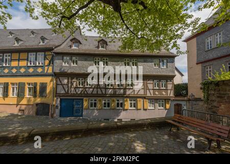 old half-timbered houses in the historic old town of Frankfurt Hoechst Stock Photo