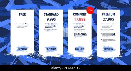 Price list in grunge, paint, ink style. Template hosting plans for Web site, UI, UX, Mobile App. For tariffs with sale, Mockup web boxes banner. Price Stock Vector