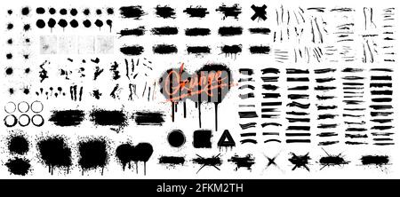 Diverse set of black paint - ink brush strokes, brushes, lines, spray, ink splash , mud and other Dirty artistic design elements. Spray graffiti Stock Vector
