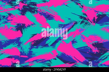 Neon Seamless camouflage pattern of brush strokes. Multicolor camouflage in cyberpunk style with neon flowers, perfect for clothes. Seamless pattern Stock Vector