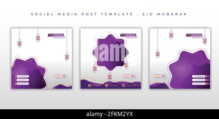 Set of social media post template with purple design. Eid Mubarak background design. good template for ramadan or eid design. Stock Vector