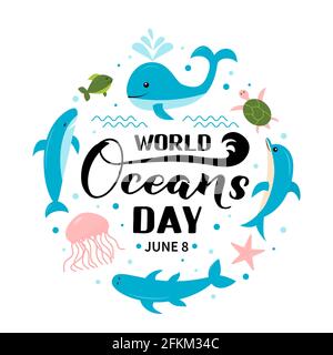World Oceans Day calligraphy hand lettering with sea animals in flat style isolated on white. Environment conservation typography poster. Vector templ Stock Vector