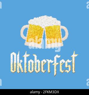 Oktoberfest fraktur font gothic lettering made of beer texture with bubbles beer and mugs. Traditional Bavarian festival. Easy to edit vector template Stock Vector