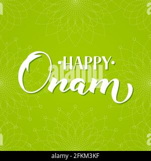 Happy Onam calligraphy hand lettering. South Indian Kerala traditional festival. Vector template for banner, typography poster, greeting card, flyer, Stock Vector