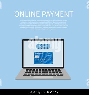 Laptop screen with Pay now button and credit card. Online payment or shopping vector illustration. Pay per click concept. Easy to edit design template Stock Vector