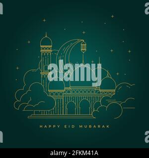 line art of Eid mubarak vector illustration with green background design. good template for islamic design. Stock Vector