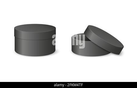 Black round cardboard realistic boxes. Closed and open empty cylinder packages isolated on white background. Package for gift, hat, cosmetics, cookies. Vector illustration. Stock Vector