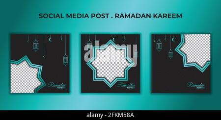 Ramadan Kareem Social media post. set of social media post template with green and black design. good template for ramadan or eid design. Stock Vector
