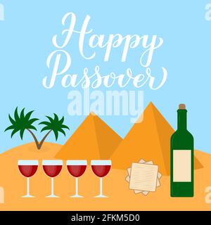 Happy Passover calligraphy hand lettering, desert landscape, four wine glasses and matzo. Vector template for Jewish holiday typography poster, greeti Stock Vector
