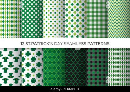 St. Patricks day seamless patterns set. Vector backgrounds. Saint Patricks day backdrop. Vector template for fabric, textile, wallpaper, wrapping pape Stock Vector