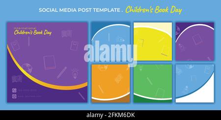 Set of Social media post template with multiple color choice. social media template with education design for international children's book day design Stock Vector