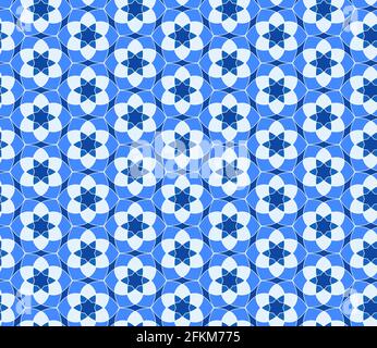 Geometric seamless pattern. Mix blue and white kaleidoscope. Oriental ornament mosaic background. Azulejos tiles. Easy to use vector template for invi Stock Vector