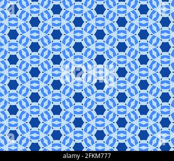 Geometric seamless pattern. Mix blue and white kaleidoscope. Oriental ornament mosaic background. Azulejos tiles. Easy to use vector template for invi Stock Vector