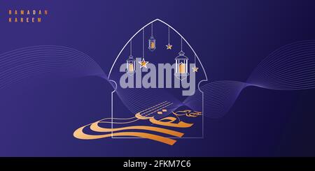 Ramadan Kareem with purple background design.Purple abstract background. arabic text mean is Ramadan kareem. good template for Ramadan design. Stock Vector
