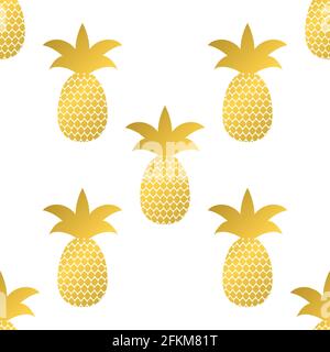 Seamless pattern with gold pineapple on white background. Golden tropical fruit vector illustration. Easy to edit template for logo design, poster, ba Stock Vector