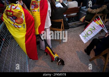 Madrid, Spain. 02nd May, 2021. Supporter of far right wing VOX party during a rally for the last day of campaign ahead of Madrid regional elections that will take place on the 4th of May 2021. Credit: Marcos del Mazo/Alamy Live News Stock Photo