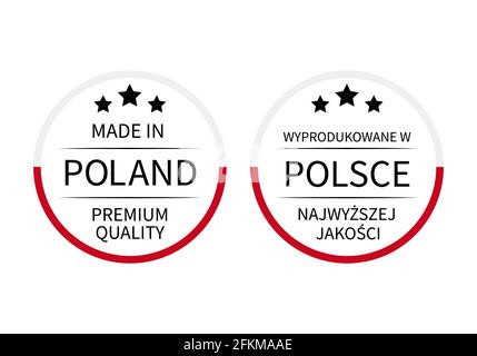Made in Poland round labels in English and in Polish languages . Quality mark vector icon. Perfect for logo design, tags, badges, stickers, emblem, pr Stock Vector