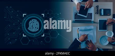 Businessman using fingerprint to access technology against digital Business Safety Internet scan fingerprint id  future of security and password Stock Photo
