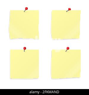 Set of 4 Yellow sticky notes paper clipping with red push pins. Empty stickers and pushpins isolated on white. Stationery vector illustration. Easy to Stock Vector