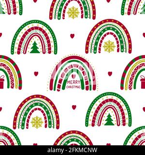 Christmas Boho Rainbows seamless pattern. Hand drawn winter holidays background. Vector template for fabric, textile, kids clothes, wallpaper, wrappin Stock Vector