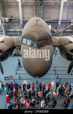 Visitors at The Atrium of the Louisiana Memorial Pavilion, Douglas c-47 Skytrain military transport aircraft, The National WWII Museum, New Orleans Stock Photo