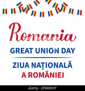 National Day lettering in English and in Romanian languages. Holiday in Romania also called Great Unity or Unification Day on December 1. Vector templ Stock Vector