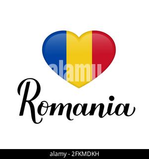 Romania calligraphy hand lettering isolated on white. Polish flag in shape of heart. Easy to edit vector template for typography poster banner, flyer, Stock Vector