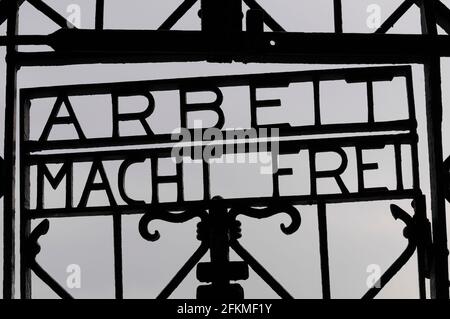 Gate with inscription, former concentration camp Dachau, memorial, Munich, Bavaria, Arbeit macht frei, Germany Stock Photo