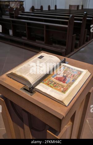 Opened bible lying on an altar, Nuremberg, Middle Franconia, Bavaria, Germany Stock Photo