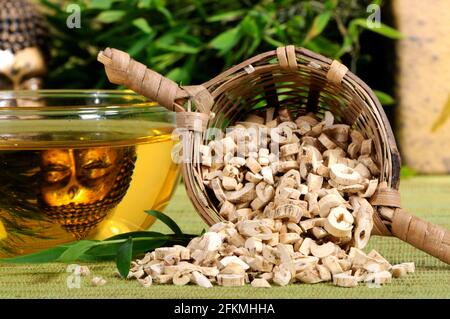 Cup of Diptam Root Bark Tea (Dictamni Cortex), Bai Xian Pi, Diptam Root Bark Tea, Diptam Root Bark Tea Stock Photo