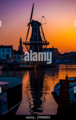 Haarlem windmill on the River Spaarne at dusk Stock Photo