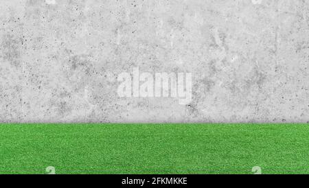 White cement wall with green grass floor. Empty background for product display, template, benner. Stock Photo