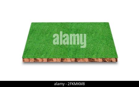 Soil cubic cross section with green grass football field isolated on ...