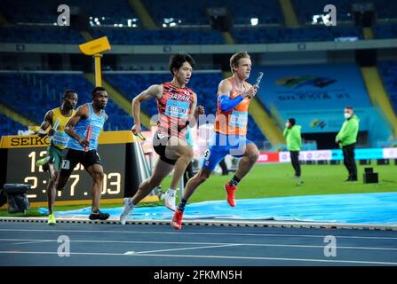 Chorzow, Poland. 2nd May, 2021. Suzuki Aoto (3rd L) of Japan and Tony Van Diepen (4th L) of the Netherlands compete during the 4x400 Metres Relay Men Final of the World Athletics Relays Silesia21 at Silesian Stadium in Chorzow, Poland, May 2, 2021. Credit: Rafal Rusek/Xinhua/Alamy Live News Stock Photo