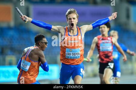 Chorzow, Poland. 2nd May, 2021. Tony Van Diepen (C) of the Netherlands celebrates after the 4x400 Metres Relay Men Final of the World Athletics Relays Silesia21 at Silesian Stadium in Chorzow, Poland, May 2, 2021. Credit: Rafal Rusek/Xinhua/Alamy Live News Stock Photo