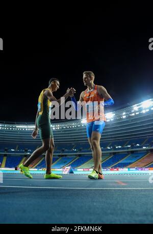 Chorzow, Poland. 2nd May, 2021. Jochem Dobber (R) of the Netherlands and Lythe Pillay of South Africa react after the 4x400 Metres Relay Men Final of the World Athletics Relays Silesia21 at Silesian Stadium in Chorzow, Poland, May 2, 2021. Credit: Rafal Rusek/Xinhua/Alamy Live News Stock Photo