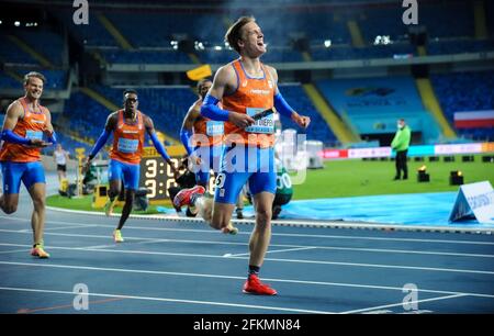 Chorzow, Poland. 2nd May, 2021. Tony Van Diepen (R) of the Netherlands celebrates after the 4x400 Metres Relay Men Final of the World Athletics Relays Silesia21 at Silesian Stadium in Chorzow, Poland, May 2, 2021. Credit: Rafal Rusek/Xinhua/Alamy Live News Stock Photo