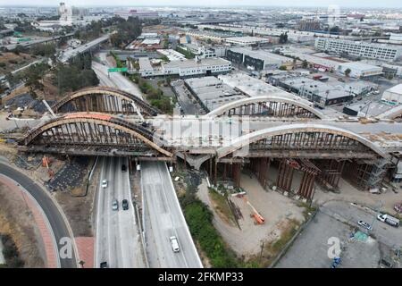 An aerial view of construction of the Sixth Street Viaduct bridge, Sunday, May 2, 2021, in Los Angeles. Stock Photo