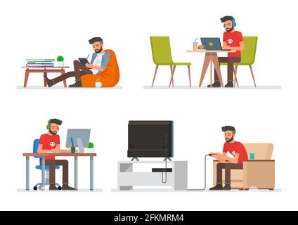 Vector set of cartoon people characters in flat style design. Hipster man playing video games, reading electronic book and working with computer Stock Vector