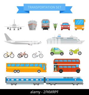 Vector set of different transportation vehicles isolated on white background. Urban transport icons in flat style design. Stock Vector