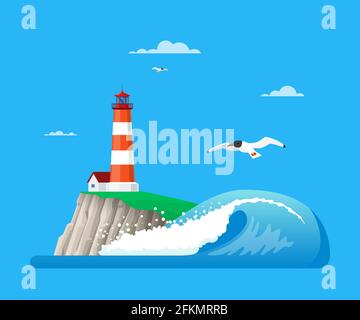 Vector illustration of seascape with lighthouse in flat style Stock Vector