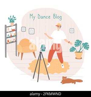 Dance star is recording video for his blog. Dance Challenge concept. Young man learning moves with online classes and tutorials. Male influencer Stock Vector