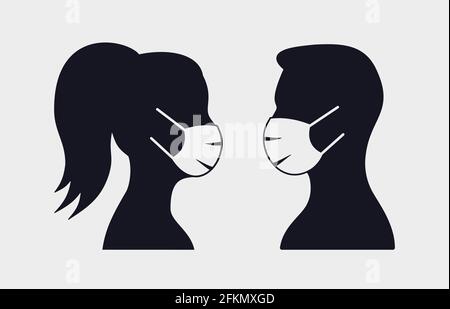 Man and woman profile icon in mask. Vector illustration isolated on white. Stock Vector