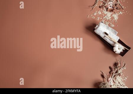 Spa still life with natural toothbrushes, sea salt and decorative elements flat lay. Stock Photo