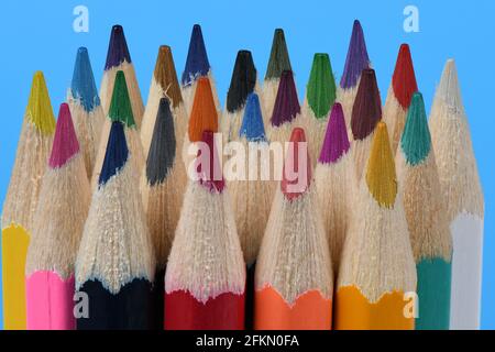 A large set of сolorful pencils on blue background. Close up macro shot. High resolution photo. Full depth of field. Stock Photo
