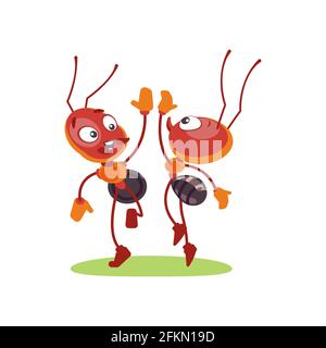 Two cartoon funny ants in a team greet each other. The concept of cooperation. The orange fire insect builds a nest and collects food for the winter Stock Vector