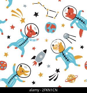 Childish seamless pattern with cute dogs in space. Creative texture for fabric, textile Stock Vector