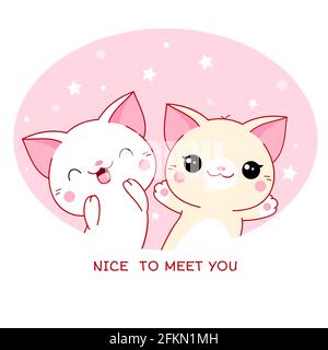 Greeting card with kawaii cats. Two cute kitten and inscription Nice to meet you. Vector illustration EPS8 Stock Vector