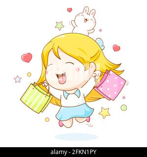 Happy friends shopping. Cute little girl with his bunny friend happy with their purchases. Funny girl with shopping bags. Can be used with greeting ca Stock Vector