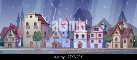 Medieval german night street at rainy weather. Traditional half-timbered houses under rain and lightning. European buildings in old town. Fachwerk cottages cityscape, Cartoon vector illustration Stock Vector